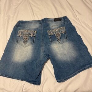 Blue Denim Shorts with Lace Pockets